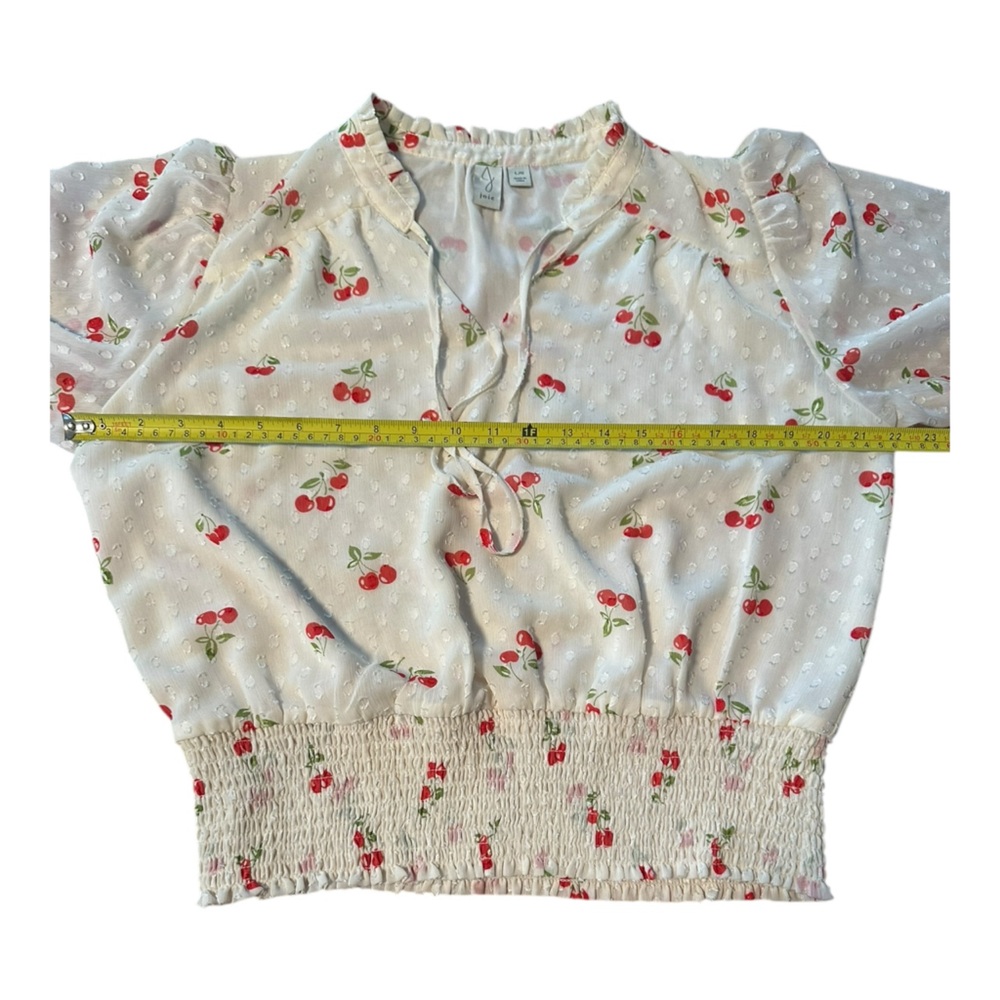 Joie Cherry Print Swiss Dot Peasant Blouse L Sheer Smocked Waist Cottage Flirty - Picture 5 of 16